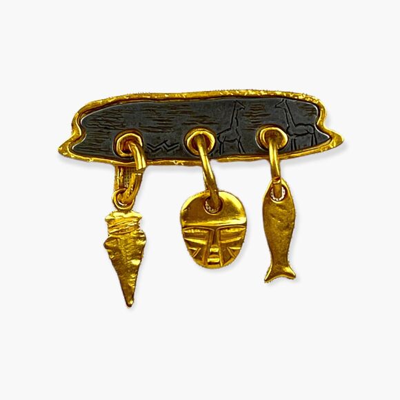 Bar Pin Brooch Gold Tone Dangle Charm Spear Head Mummy Mask Fish Textured Inset - Picture 3 of 8